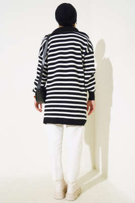 Çizgili Yarım Fermuarlı Triko Tunik Siyah - Triko Tunik