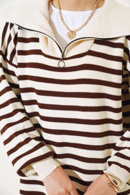 Çizgili Yarım Fermuarlı Triko Tunik Taş - Triko Tunik