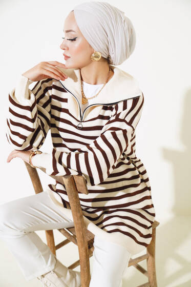 Çizgili Yarım Fermuarlı Triko Tunik Taş - Triko Tunik