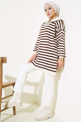 Çizgili Yarım Fermuarlı Triko Tunik Taş - Triko Tunik