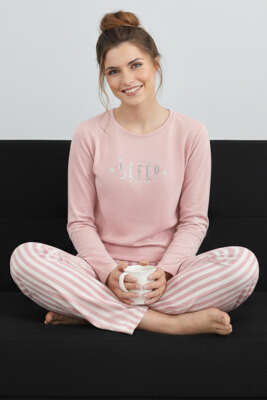 Çizgili Yazılı Pijama Takımı Pembe - MANOLYA