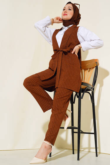 Çizgili Yelek İkili Takım Kahve - İkili Takım