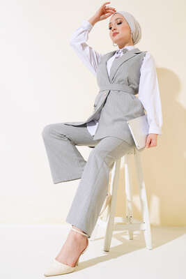 Çizgili Yelekli İkili Takım Gri 