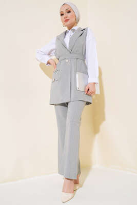 Çizgili Yelekli İkili Takım Gri - İKİLİ TAKIM