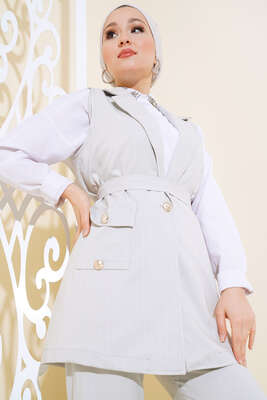 Çizgili Yelekli İkili Takım Taş Gri - İKİLİ TAKIM