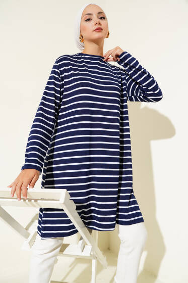 Çizgili Yırtmaçlı Tunik Lacivert - Tunik
