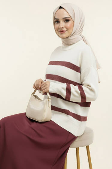Çizgili Yumoş Triko Kazak Bordo - Triko Kazak