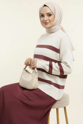 Çizgili Yumoş Triko Kazak Bordo 