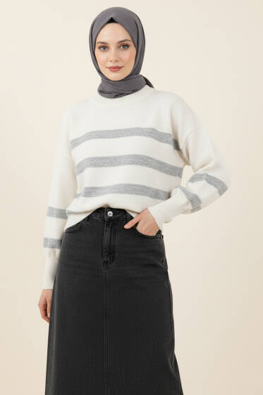 Çizgili Yumoş Triko Kazak Gri - Triko Kazak