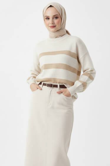 Çizgili Yumoş Triko Kazak Latte - Triko Kazak