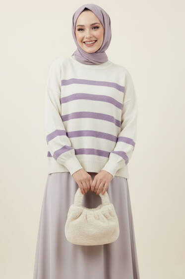 Çizgili Yumoş Triko Kazak Lila - Triko Kazak