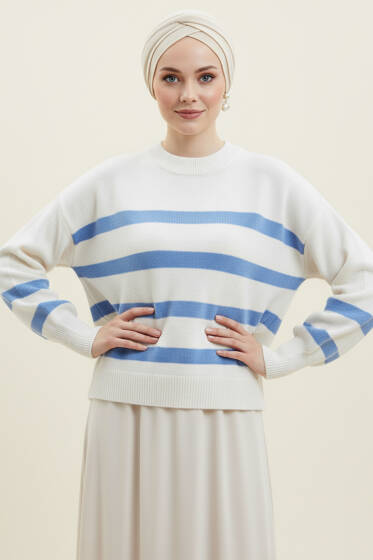 Çizgili Yumoş Triko Kazak Mavi - Triko Kazak