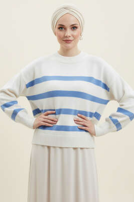 Çizgili Yumoş Triko Kazak Mavi 