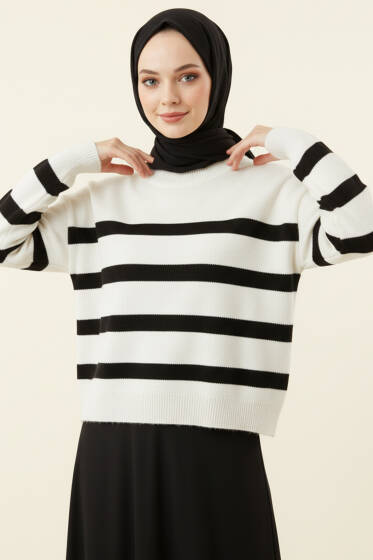 Çizgili Yumoş Triko Kazak Siyah - Triko Kazak