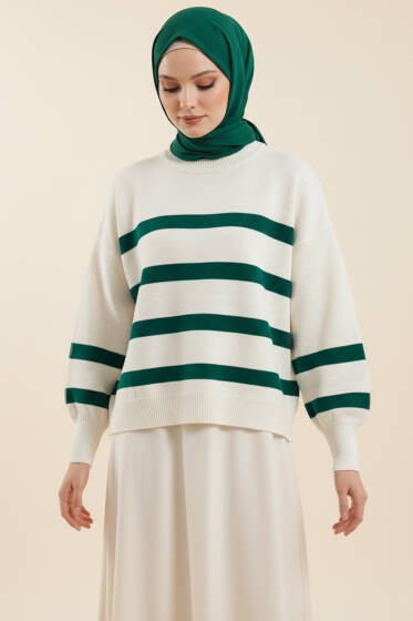 Çizgili Yumoş Triko Kazak Zümrüt - Triko Kazak