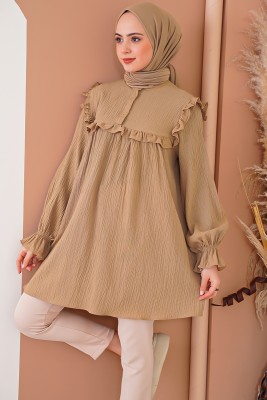 Yaka Düğmeli Fırfır Detaylı Camel Tunik 