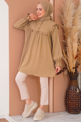 Yaka Düğmeli Fırfır Detaylı Camel Tunik - Tunik