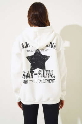 Cleveland Yazılı Kapüşonlu Üç İplik Sweatshirt Ekru - Kadın Giyim Modelleri