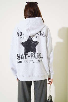 Cleveland Yazılı Kapüşonlu Üç İplik Sweatshirt Melanj Gri - Kadın Giyim Modelleri