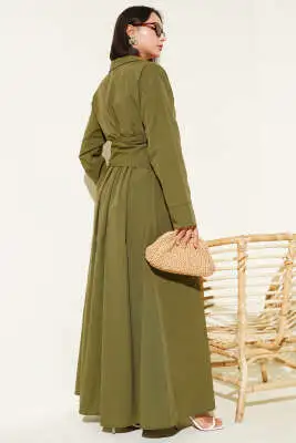 Yarım Düğmeli Bağlamalı Terikoton Elbise Haki - Tesettür Elbise