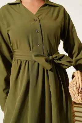 Yarım Düğmeli Bağlamalı Terikoton Elbise Haki - Tesettür Elbise
