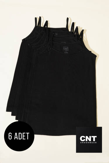 CNT 6'lı Bayan Saten İp Askılı Atlet Siyah - İp Askılı Atlet