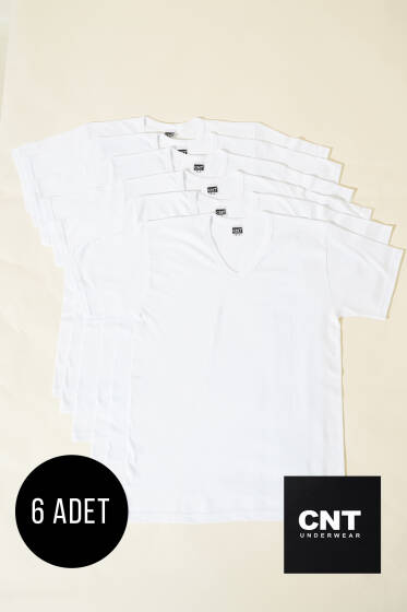 CNT 6'lı Erkek V Yaka Kısa Kol Fanila Beyaz - Erkek Badi