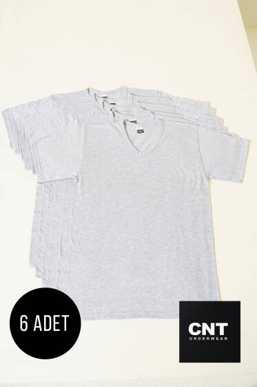 CNT 6'lı Erkek V Yaka Kısa Kol Fanila Melanj Gri - Erkek Badi