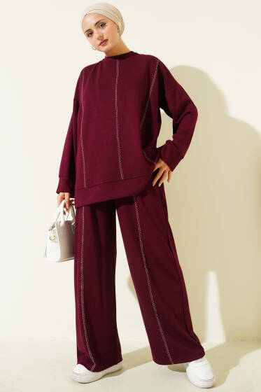 Çoban Dikiş Detaylı Loyşa İkili Takım Bordo - İkili Takım