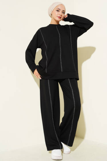 Çoban Dikiş Detaylı Loyşa İkili Takım Siyah - İkili Takım