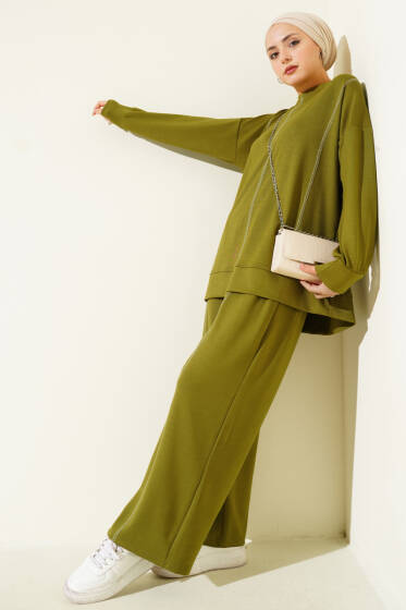 Çoban Dikiş Detaylı Loyşa İkili Takım Yağ Yeşili - İkili Takım
