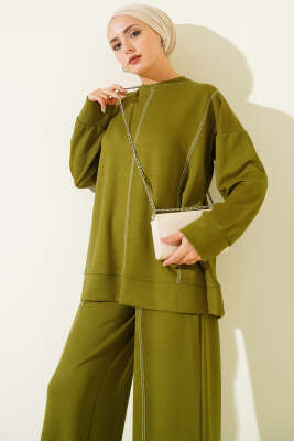 Çoban Dikiş Detaylı Loyşa İkili Takım Yağ Yeşili - İkili Takım