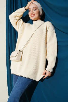 Çoban Dikiş Detaylı Triko Tunik Bej 