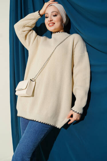 Çoban Dikiş Detaylı Triko Tunik Bej - Tunik