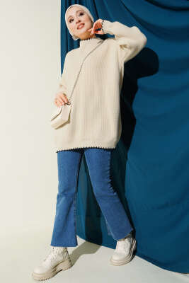 Çoban Dikiş Detaylı Triko Tunik Bej - Tunik