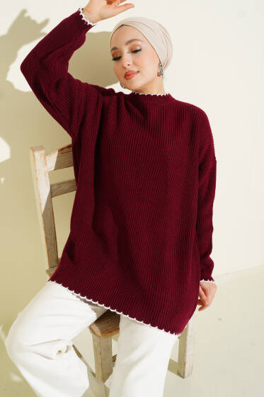 Çoban Dikiş Detaylı Triko Tunik Bordo - Tunik