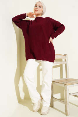 Çoban Dikiş Detaylı Triko Tunik Bordo - Tunik