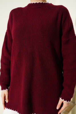 Çoban Dikiş Detaylı Triko Tunik Bordo - Tunik