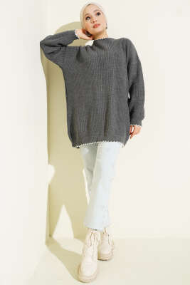 Çoban Dikiş Detaylı Triko Tunik Füme - Tunik