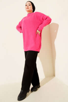 Çoban Dikiş Detaylı Triko Tunik Fuşya - Yılın Fırsatı