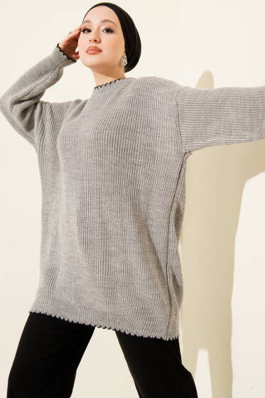 Çoban Dikiş Detaylı Triko Tunik Gri - Günün Seçilenleri