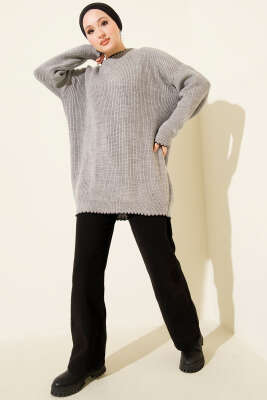 Çoban Dikiş Detaylı Triko Tunik Gri - Yılın Fırsatı