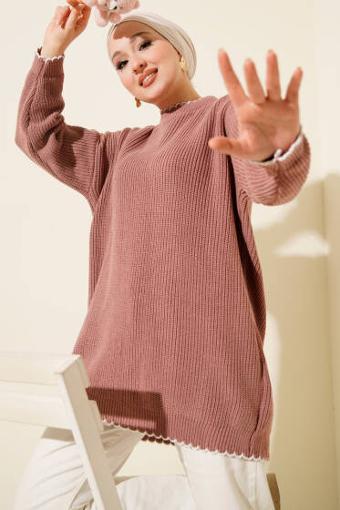 Çoban Dikiş Detaylı Triko Tunik Gül Kurusu - Günün Seçilenleri