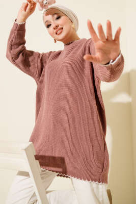 Çoban Dikiş Detaylı Triko Tunik Gül Kurusu 