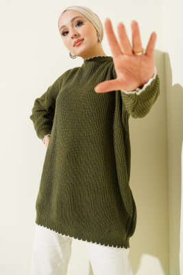 Çoban Dikiş Detaylı Triko Tunik Haki - RAFİMİX