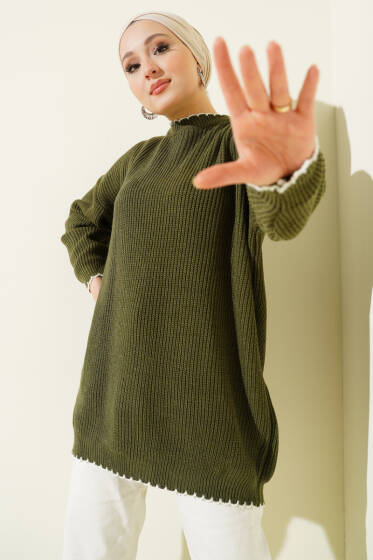 Çoban Dikiş Detaylı Triko Tunik Haki - Tunik
