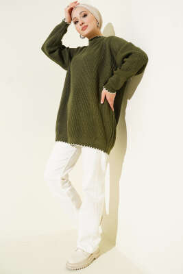 Çoban Dikiş Detaylı Triko Tunik Haki - Tunik