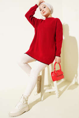 Çoban Dikiş Detaylı Triko Tunik Kırmızı - Günün Seçilenleri