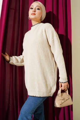 Çoban Dikiş Detaylı Triko Tunik Krem - RAFİMİX