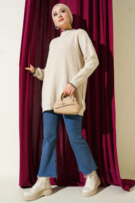 Çoban Dikiş Detaylı Triko Tunik Krem - Tunik